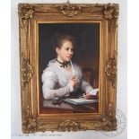 Follower of Luke Fildes, A modern oil on canvas, Portrait of a Lady writing a letter,