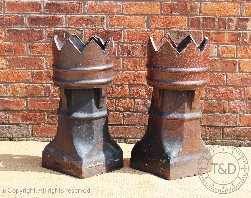 A par of Victorian salt glaze crown top chimney pots,