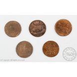 A collection of five various half penny tokens, 18th century; 'Industry has it's sure reward',