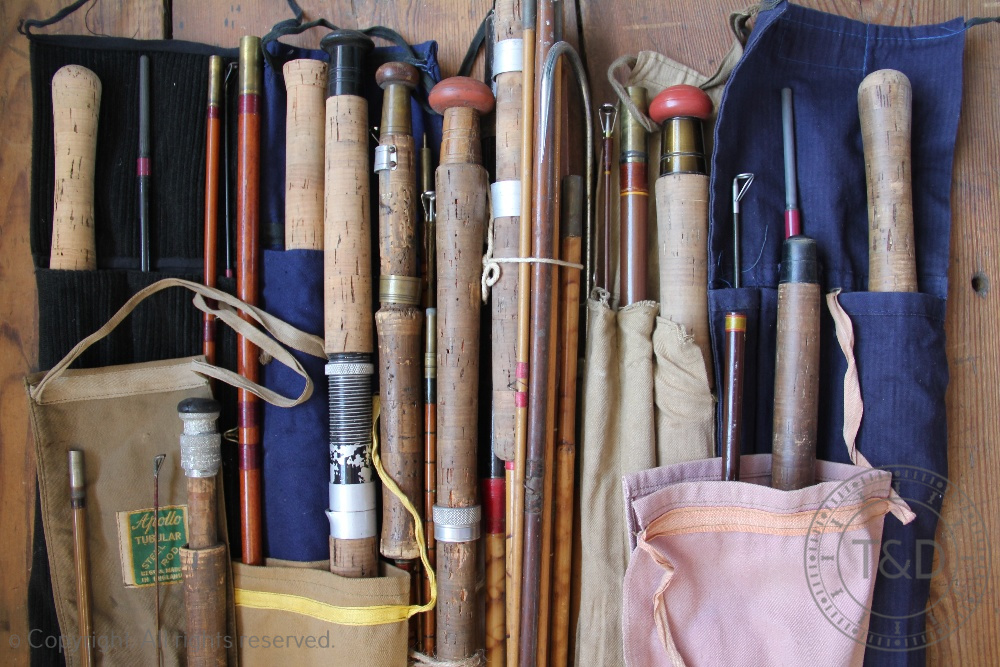 A miscellany of fishing rods and rod sections, split cane, whole cane and fibreglass,