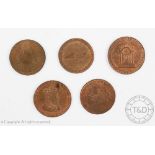 A collection of five various half penny tokens, 18th century; 'Ladies shoe Manufactory 1795',