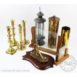 A selection of brass ware to include a WWI 1916 trench art shell gong, 33cm high,