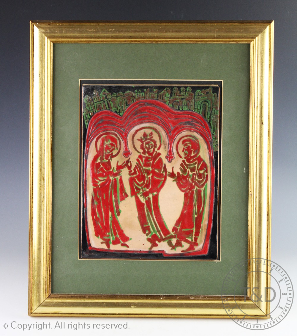 Tibor Szakos (Hungarian), enamel of copper plaque depicting the holy family, framed, 23.5cm x 18.