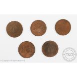 A collection of five various half penny tokens, 18th century; 'Holt Wiltshire Minieral Water',