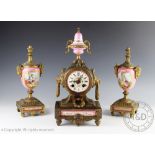 A 19th century French gilt metal and Sevres style porcelain mounted clock garniture,