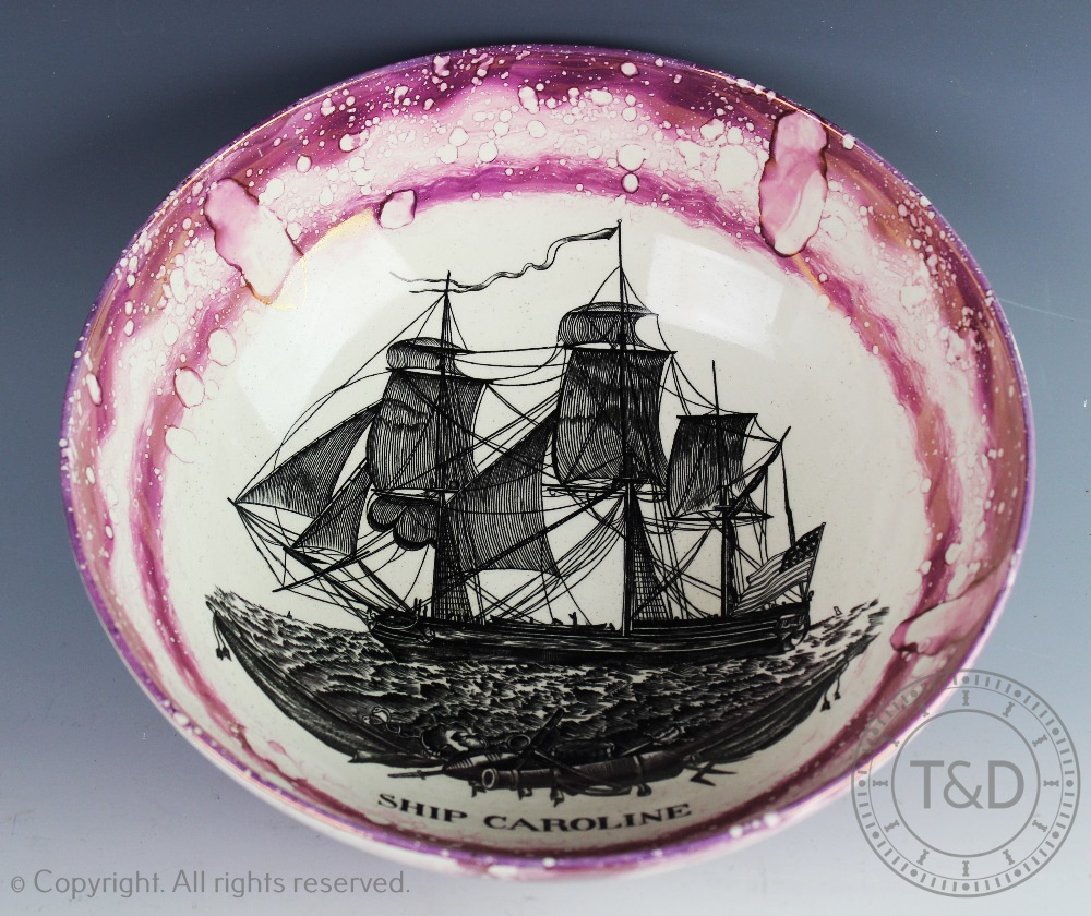 A mid 20th century Sunderland lustre bowl, decorated with the 'Ship Caroline',