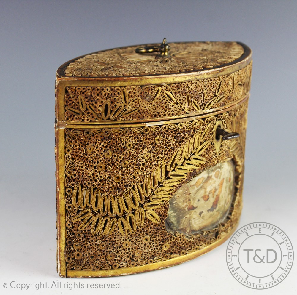 A late George III rolled paper scroll work tea caddy, of navette shape, - Bild 2 aus 10