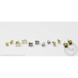 Six pair of assorted gem set stud earrings, to include; a pair of diamond set square form earrings,