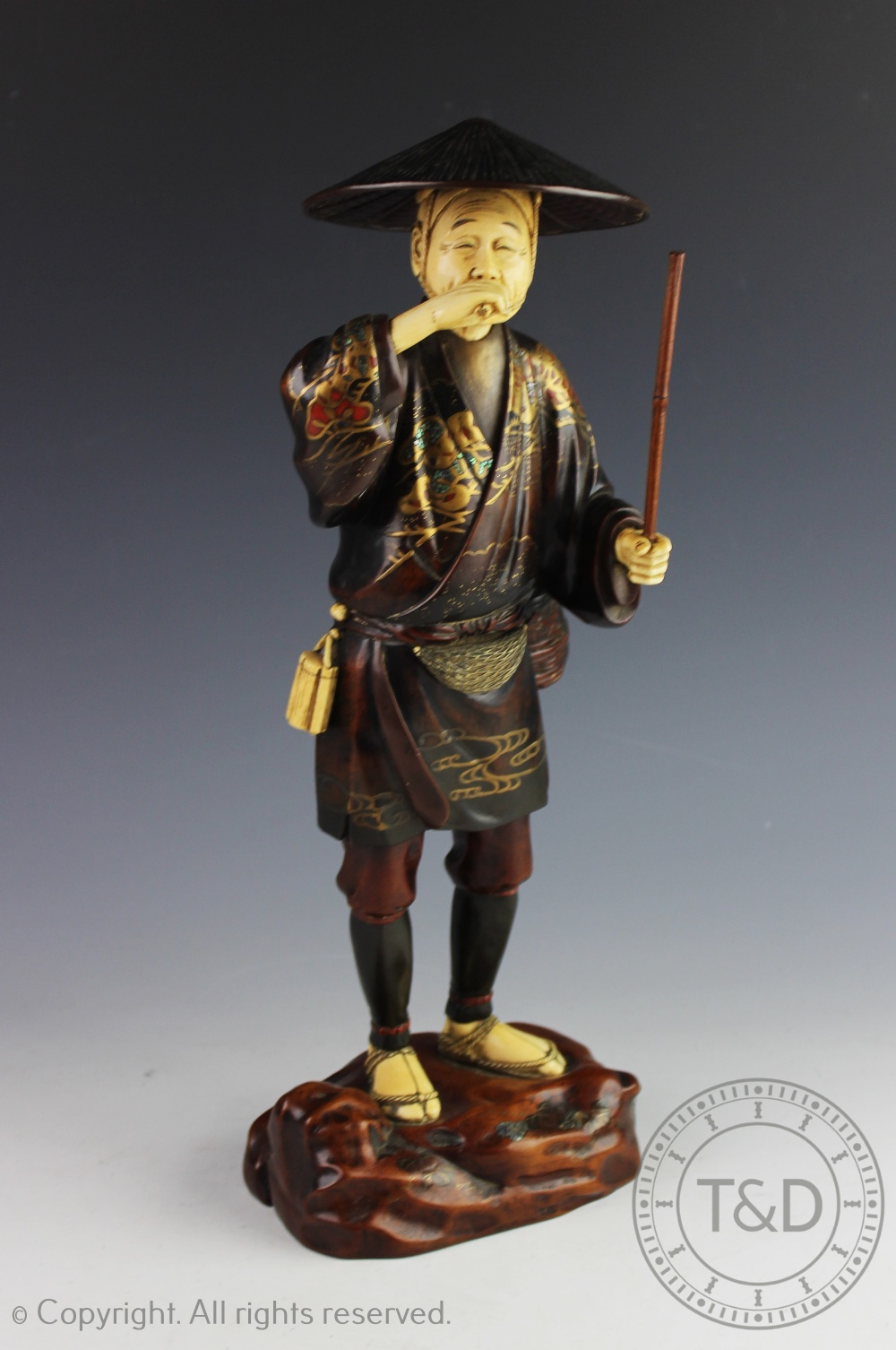 A Japanese shibayama carved wood and ivory figure, Meiji period (1868-1912),