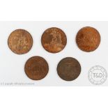 A collection of five various half penny tokens, 18th century; 'M Lambe & Son,