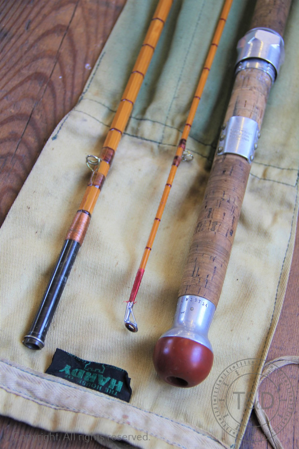 A Hardy Bros The Wye Palakona three piece split cane fishing rod, #8, No 39734,