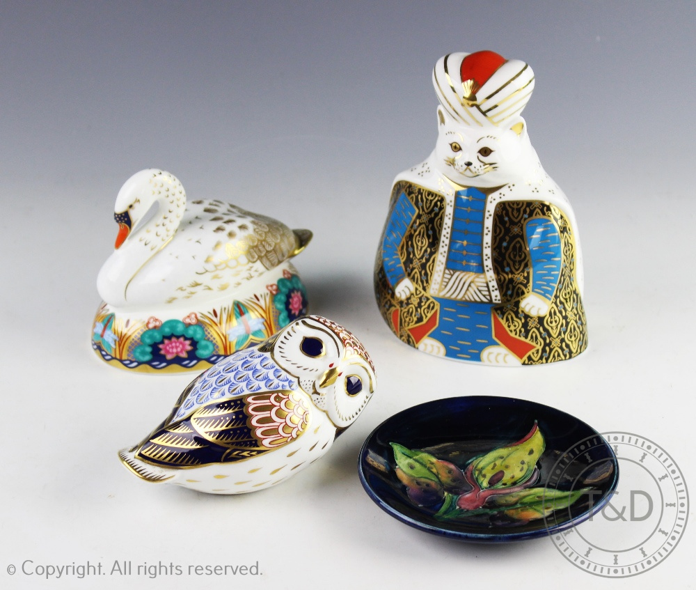 Three Royal Crown Derby Imari paper weights, comprising an owl with gold stopper, 13cm,