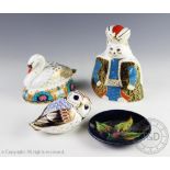 Three Royal Crown Derby Imari paper weights, comprising an owl with gold stopper, 13cm,