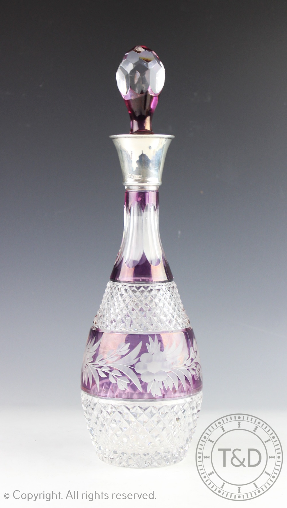 A silver mounted cut glass decanter and stopper, C J Vander Ltd, Birmingham 1974,