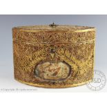 A late George III rolled paper scroll work tea caddy, of navette shape,