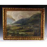 Scottish School, early 20th century, Oil on canvas, A mountain landscape with rolling clouds,