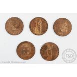 A collection of five various half penny tokens, 18th century; 'Liberty and Commerce 1793',