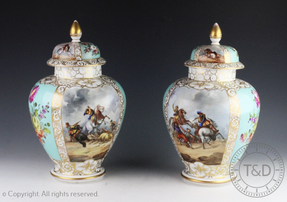 A pair of late 19th century Dresden Helena Wolfsohn style porcelain vases and covers,