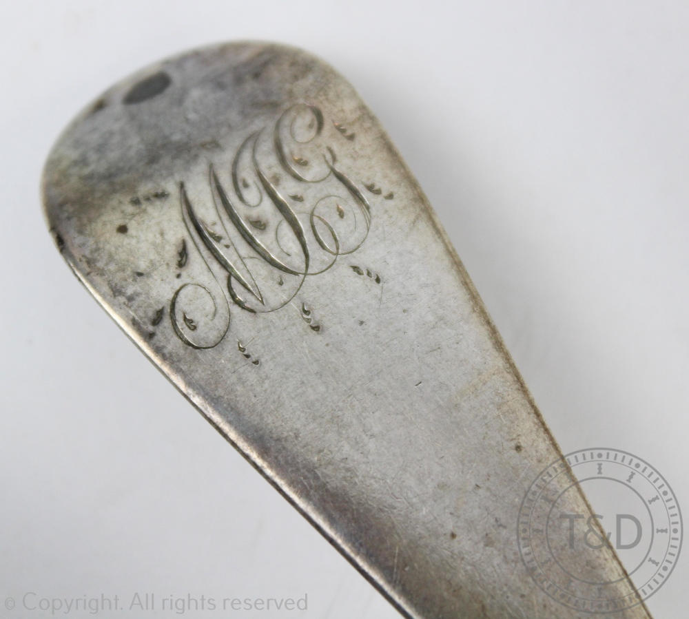 A set of four silver George III Old English pattern spoons, 'RC' London 1799, monogrammed, - Image 3 of 3