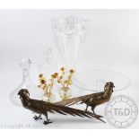 Two Japanese white metal model of pheasants, with two metal serving trays,