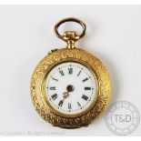 A continental ladies gold fob watch, enamel Roman numeral dial,