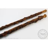 Two folk art carved soft wood walking canes - possibly American,