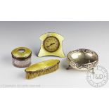 Three piece George V silver and yellow enamel three piece dressing table set, W G Sothers Ltd,