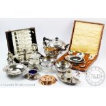 A selection of 19th century and later silver plated wares, to include a pair of dwarf candlesticks,