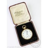 A gentlemans 18ct gold open face pocket watch, enamel Roman numeral dial signed 'J. W.