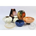 A selection of studio ceramics and glassware to include a Raku pottery vase signed Shu-Chen,