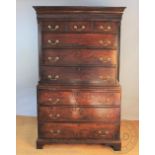 A George III and later secretaire oak chest on chest,