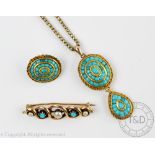 A Victorian Etruscan style turquoise set pendant and matching brooch (converted) each designed as
