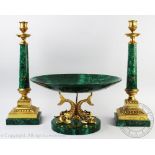 A late 20th century malachite veneered and gilt brass centrepiece comport and pair of candlesticks,