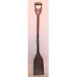 A provincial ash and iron peat spade / shovel, with rustic repairs,