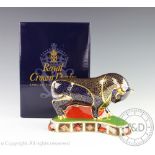 A Royal Crown Derby Bull paperweight, gilt stopper, 13.