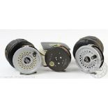 A Hardy The St Aidan fly reel, 10cm diameter, in soft case, with two Rimfly Magnum reels,
