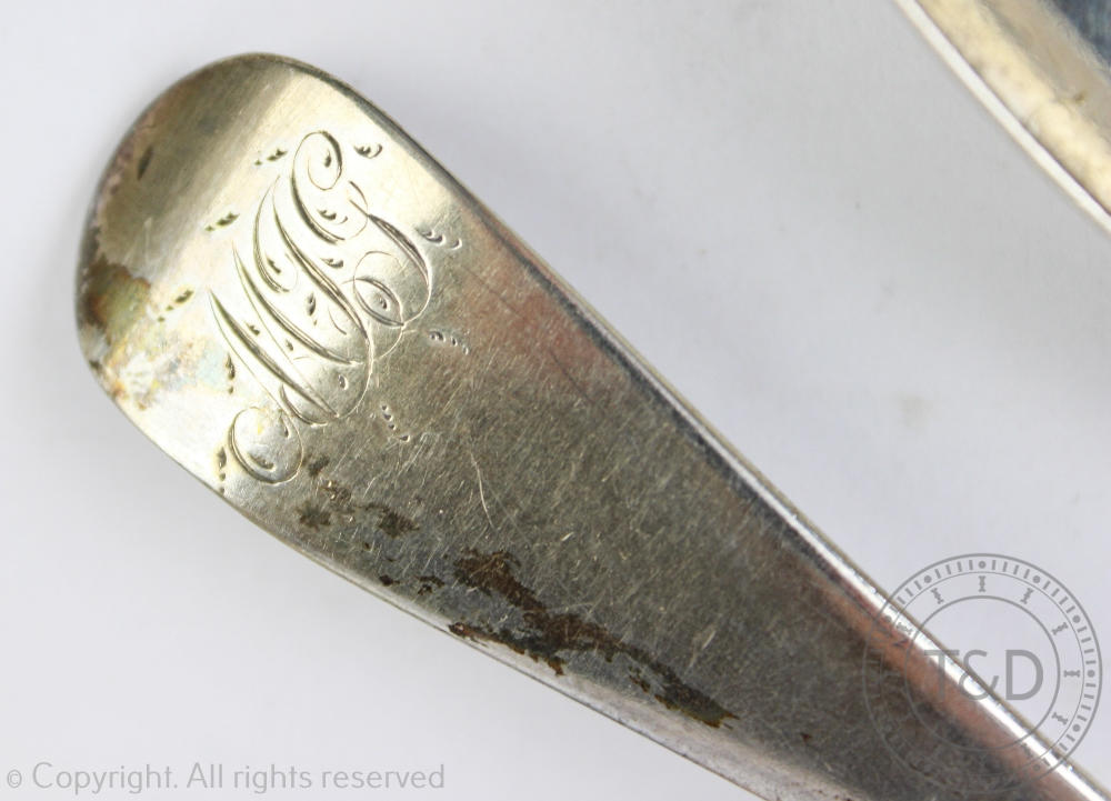 A set of four silver George III Old English pattern spoons, 'RC' London 1799, monogrammed, - Image 2 of 3