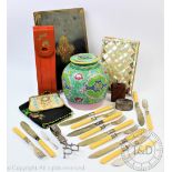 A selection of items to include a mother of pearl and abalone set folio,
