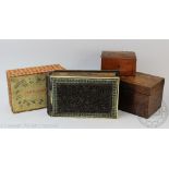 A William IV mother of pearl inlaid rosewood tea caddy, 18cm H x 31cm W; with an oak stationery box,