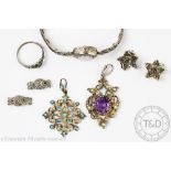 An Art Nouveau amethyst and split seed pearl set pendant, 5cm long and turquoise set pendant, 4.