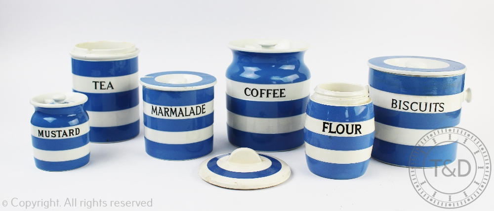 A selection of blue and white cornishwares retailed by T.G.