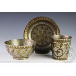 A set of three late 19th/early 20th century Indian Bidri ware vessels comprising; a finger bowl, 14.