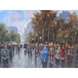 French School - 20th century, Oil on canvas, Parisian street scene, Indistinctly signed,