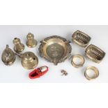 A selection of small silver, comprising a pair of rectangular salts, salt, pepper and mustard,