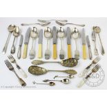 A miscellany of continental silver and white metal flatware and English silver plated flatware etc