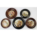 Five 19th century Prattware pot lids to include 'The Trooper', 'Uncle Toby', 'Anne Hathaway,