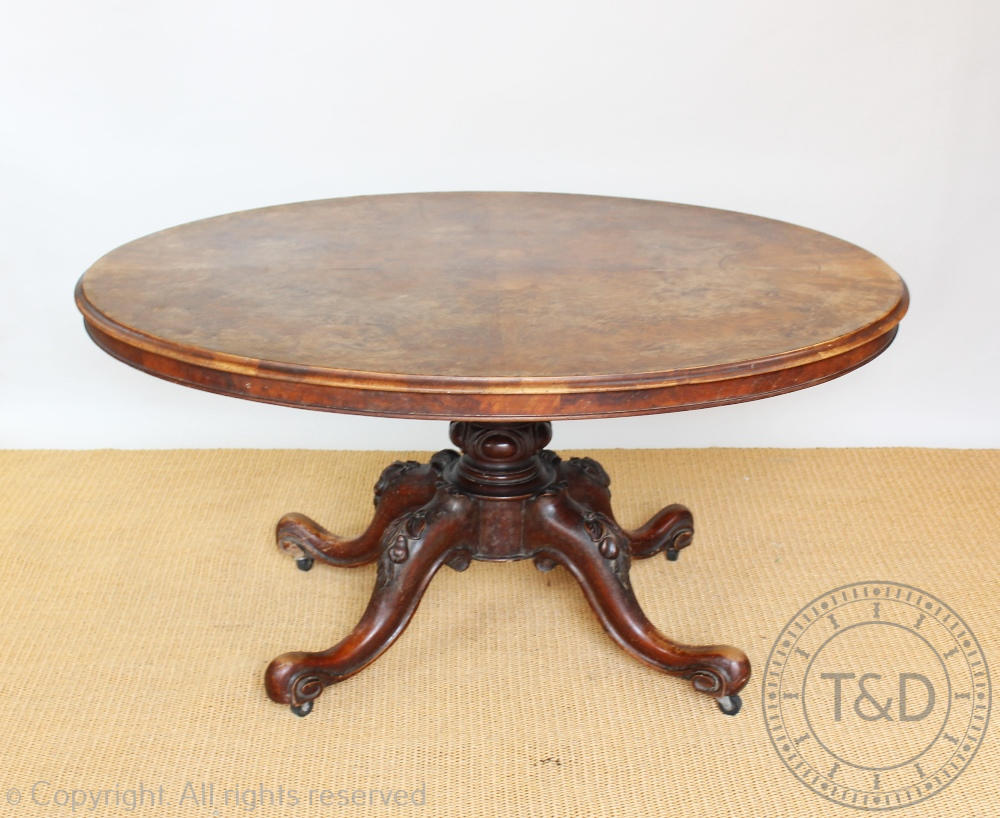 A Victorian burr walnut oval loo table,