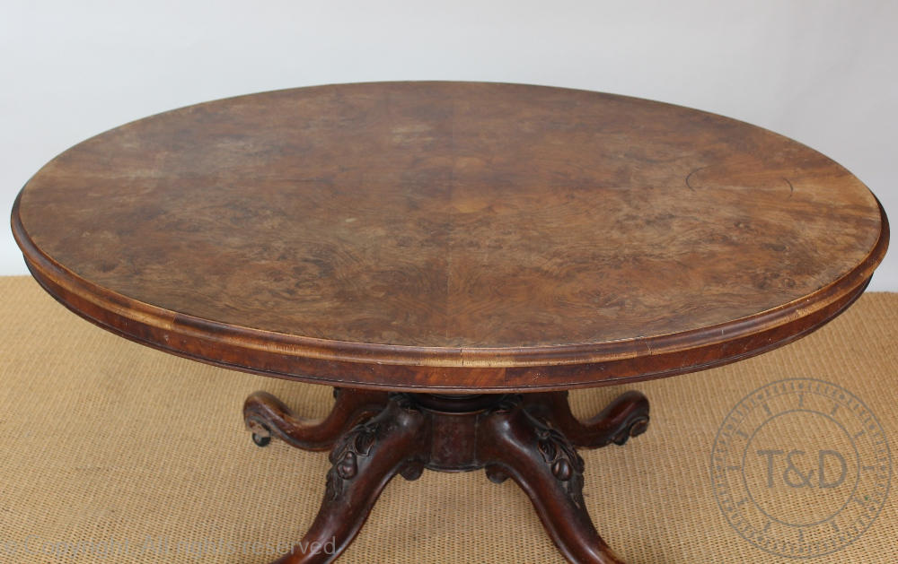 A Victorian burr walnut oval loo table, - Image 3 of 3