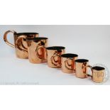 A part set of six 19th century graduated naval rum measures, each engraved with the military arrow,