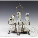 A late Victorian silver plated cruet, with six matched gut glass condiment bottles,